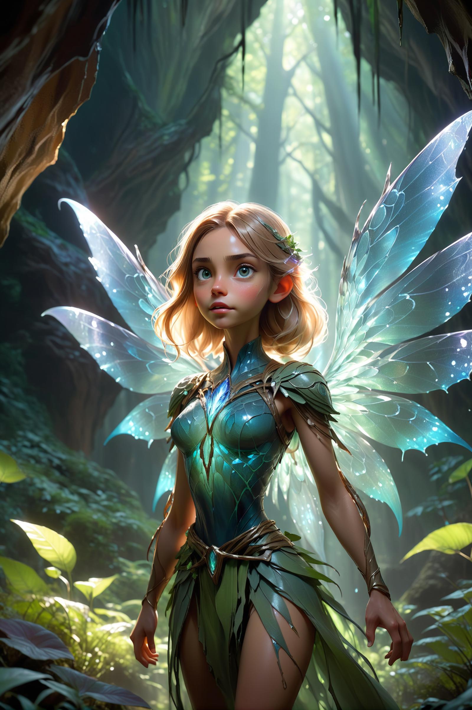 A Tinkerbell-like character in a blue dress, surrounded by greenery.