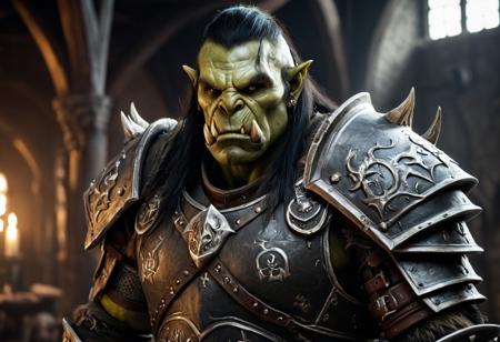 cinematic portrait,Orc D&D ultra quality, 4k,(masterpiece, best quality, 8k, ultra highres, highres:1.4), extremely detailed,young, big, green skinned muscular orc, long black hair, white orc tusks, wearing as warrior in metal armor, full torso metal and leather armor, talking to camera, good character, fantasy fighter,medieval interior background, warhammer style , high detailed, detailed skin, detailed teeth and orc tusks, detailed eyes, photo realistic art,