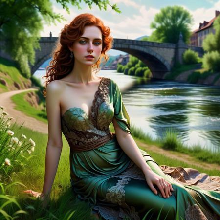 A young woman sitting on a grassy riverside, her posture elegant and poised, wearing a flowing, dark brown floral dress with delicate patterns. Her wavy, auburn hair cascades over one shoulder, and her intense, captivating gaze is directed at the viewer. The setting features a vibrant green grassy field with a calm river flowing in the background, crossed by a stone bridge. The scene captures the soft, natural lighting of a serene outdoor environment, with subtle details of distant hills and urban buildings in the background. Photorealistic style, with high detail and vivid colors.