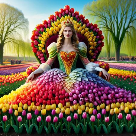jaynl-tm, made of tulips, A fair-skinned woman sits gracefully upon a grand throne made entirely of blooming flowers, nestled in the heart of a vibrant flower fantasy world. She wears a stunning full-sleeve fairy dress crafted from multicolored tulip petals—each petal arranged like delicate scales of living fabric in hues of red, yellow, pink, purple, and white. The sleeves drape softly down her arms, blending into the throne’s floral tapestry. Her dress glistens with morning dew, and the tulips seem to shimmer with an inner magic. All around her, fields of beautiful, multicolored tulips stretch endlessly under a bright and beautiful sky, where warm sunlight bathes the scene in a golden glow. The throne, made of entwined vines and fresh blossoms, rises like a natural crown from the earth, framing her as the elegant queen of this enchanted, floral kingdom, Masterpiece level quality, soft lighting, bright lighting, sharp focus, fine details, high quality, precise, high resolution, 4k, 8k,