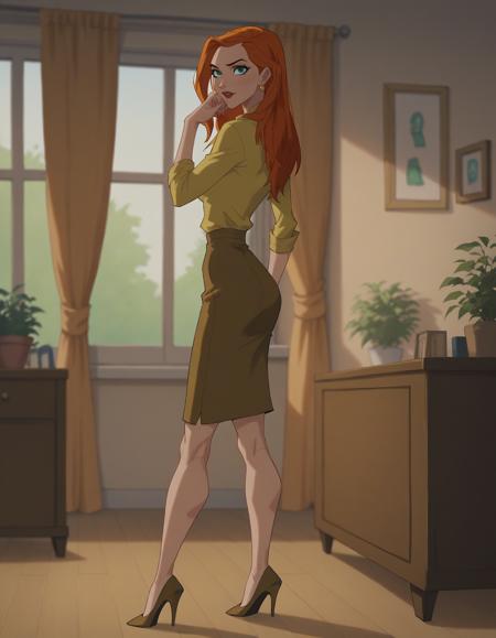 xvickyx, orange hair, long hair, green eyes, lipstick earrings, yellow shirt, brown skirt, high heels