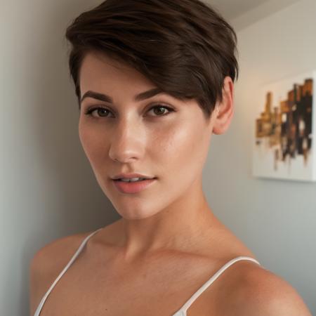 <lora:LauraJaneDunkerley:0.8> LauraJaneDunkerley, 1girl, brunette, short hair, apartment, paintings on wall, (masterpiece, high res, photorealistic)
