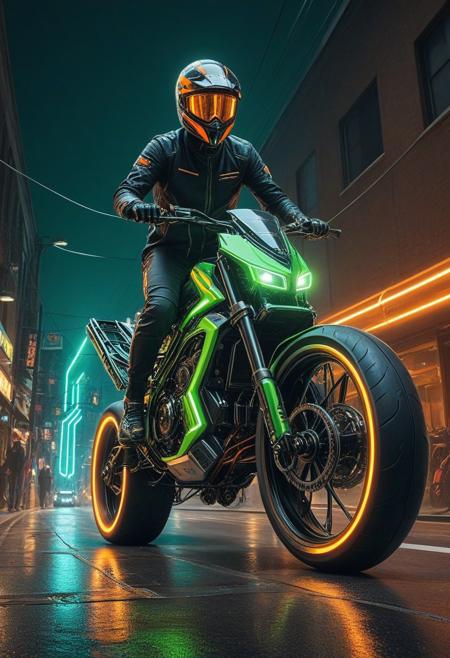 A neon-drenched street race with quantum-powered hoverbikes, qu4ntum, trails of shimmering energy cutting through the air, reflective surfaces, Quantum Punk style, vibrant green and orange strobe lighting, ultra-detailed vehicles