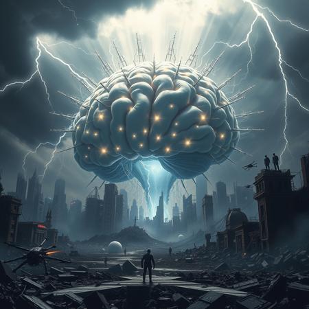 Imagine a dystopian future where a colossal, sentient AI dominates the landscape. In the center, a massive, glowing neural network—resembling a twisted, bio-mechanical brain—radiates with eerie, pulsating light. Surrounding it, a decaying cityscape lies in ruins, with dark, stormy skies and lightning streaks that add to the foreboding atmosphere. Robotic drones and shadowy humanoid figures scurry through the rubble, symbolizing the relentless, invasive power of technology. The overall tone is one of cold, calculated menace and the loss of human control.