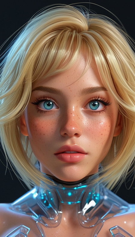 (in ARTIST style:1.4), (masterpiece:1.7),
(Gorgeous girl face, cutest, blonde, science fiction, transparent armour, transparent skin texture), stunning unique female character, cutest,
tan, bangs, freckles,striking striking large eyes filled with joy and excitement, extravagant eyelashes, long eyelashes, aligned eyes, tiny waist, perfect body,
(full transparent body:2), transparent:2, (Transparent Texture:2), perfect wavy perfect hair, (extra large lashes:2), (very detailed eyes:2),
(masterpiece:1.8), (highest detailed:1.8), (angle:1.8), perfectly lighted, (contrast), (saturated), (((sharp focus))),
(hyperdetailed:1.3), (intricate details:1.2), (Refined details:1.3), (best quality:1.5), highly detailed textures, vibrant colors,
<lora:add-detail-xl:1> (ultra sharp focus:1.8), (thin lines:1.8), (best quality:1.8),
(masterpiece:1.8), (highest detailed:1.8), (angle:1.8), perfectly lighted, (contrast), (saturated), (((sharp focus))), (hyperdetailed:1.3), (intricate details:1.2), (Refined details:1.3),
(best quality:1.5), highly detailed transparent textures, transparent vibrant colors, (finely detailed beautiful eyes and detailed face),extremely detailed CG unity 8k wallpaper,
(masterpiece:1.8), (highest detailed:1.8), (angle:1.8), perfectly bright  lighted, (contrast), (saturated), (((sharp focus))), (hyperdetailed:1.3), (intricate details:1.2), (Refined details:1.3),
(best quality:1.5), highly detailed textures, vibrant colors,
<lora:Someplastic:0.7>,
(ultra sharp focus:1.8), (detailed skin:1.8), (thin lines:1.8), (best quality:1.8),
<lora:glowneon_xl_v1:0.8>
<lora:Expressive_H:1>expressiveh,