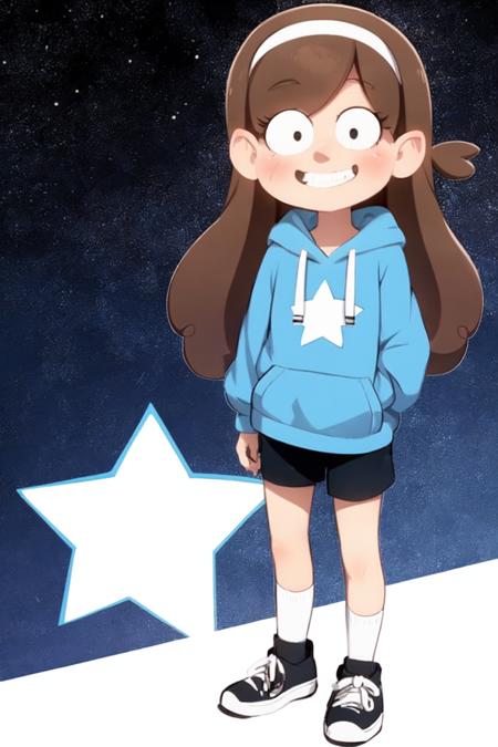 <lora:MabelPinesV0.2:1> mabelpines, 1girl, long hair, brown hair, hairband, dot eyes, smile, braces, hoodie, star print, sneakers