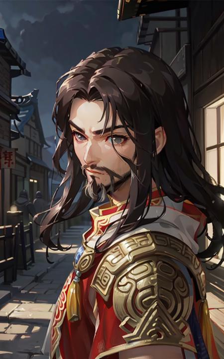 anime, ((medium up view of lumeng)), (((dw8outfit))), (((1man))), dark brown hair, (((small goatee beard))), (((hazel eyes))), ((medieval Chinese street background)), 8k, Unreal Engine 5, octane render, by seunghee lee, Jang Tae-Hwan, Chocofing R, seungho lee, smooth soft skin, big dreamy eyes, beautiful intricate colored hair, symmetrical, anime wide eyes, soft lighting, digital painting, detailed face, <lora:lumeng:0.4>