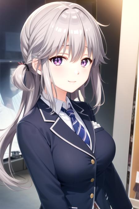 ((masterpiece)),(best quality),official art,extremely detailed CG,unity 8k wallpaper,ultra detailed,beautiful detailed eyes,extremely detailed face,1girl,solo,upper body,(portrait:1.5),looking at viewer,facing viewer,smile,Yukisaki Erena(skrk),grey hair,very long hair,shiny hair,braid,hair between eyes,bangs,floating hair,sidelocks,purple eyes,school uniform,blue jacket,blazer,wing collar,open jacket,blue necktie,collared shirt,white shirt,taut shirt,long sleeves,large breasts,miniskirt,pleated skirt,plaid skirt,black pantyhose,loafers,<lora:Yukisaki Erena(skrk)>,