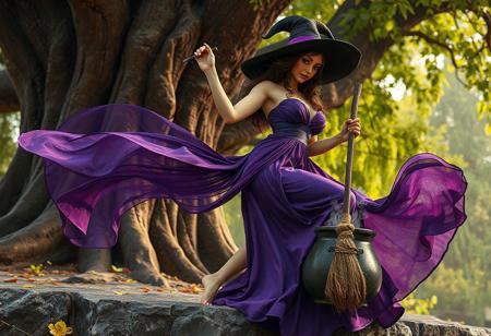 voluptuous  sexy Bio-Mage in flowing purple dress, poised on weathered concrete, black hat with purple band. Right hand grips a worn broom, left cradles bubbling cauldron. Ancient oak, verdant leaves backdrop. Cinematic, dynamic pose, splash ink illustration, octane render, Unreal Engine 5. Raphael style, vivid emotions, joyful impact. Trending on ArtstationHQ, golden ratio, CGSociety. Sharp focus, captivating lighting, high-res, 4K, stunning colors.