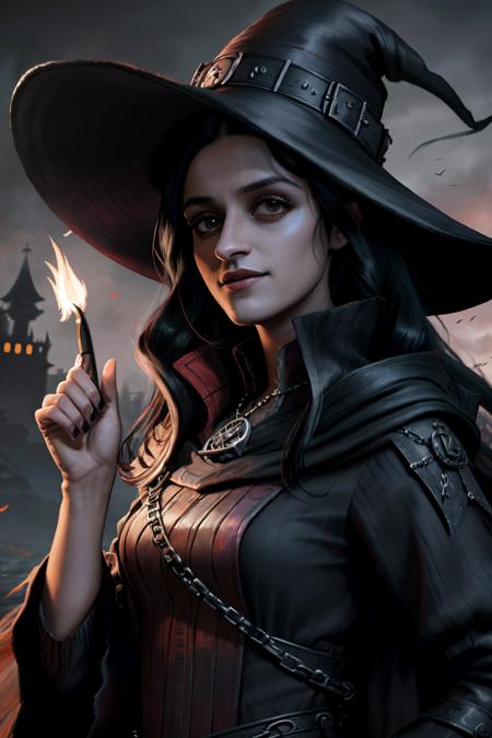 photo of anyaC3 as a witch, (black witch outfit), evil smile, pointing at person, fall season background, fine-face, realistic shaded perfect face, fine details. Realistic shaded lighting poster by Ilya Kuvshinov katsuhiro, magali villeneuve, artgerm, Jeremy Lipkin and Michael Garmash, Rob Rey and Kentar Miura style, trendin