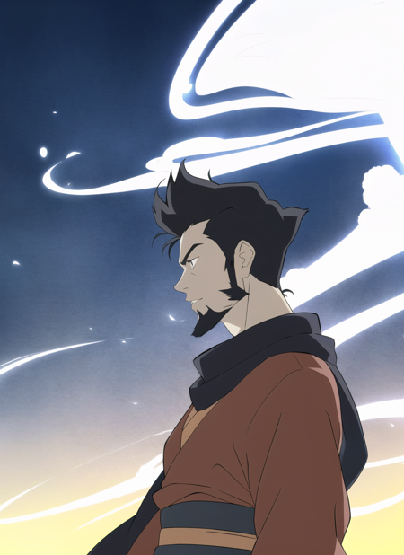 avatar wan <lora:avatar_wan_offset:1>, masterpiece, best quality,1boy, male focus, solo, scarf, japanese clothes, black hair, facial hair, kimono, from side, sash, profile, glowing, wind, upper body, spiked hair, beard, cloud, obi, long sleeves