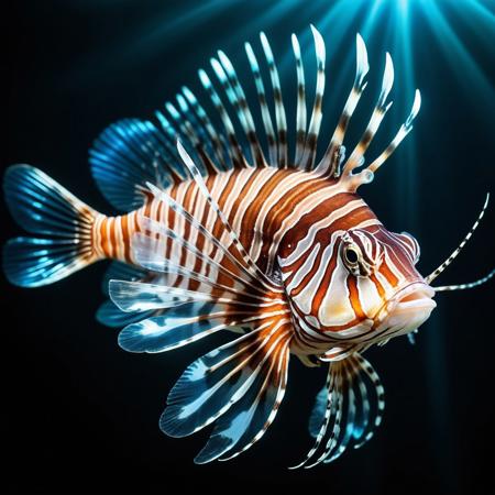 chrome lionfish, 
Broken Glass effect, 
no background, 
stunning, 
something that even doesn't exist, 
mythical being, 
energy, 
molecular, 
textures, 
iridescent and luminescent scales, 
breathtaking beauty, 
pure perfection, 
divine presence, 
unforgettable, 
impressive, 
breathtaking beauty, 
Volumetric light, 
auras, 
rays, 
vivid colors reflects