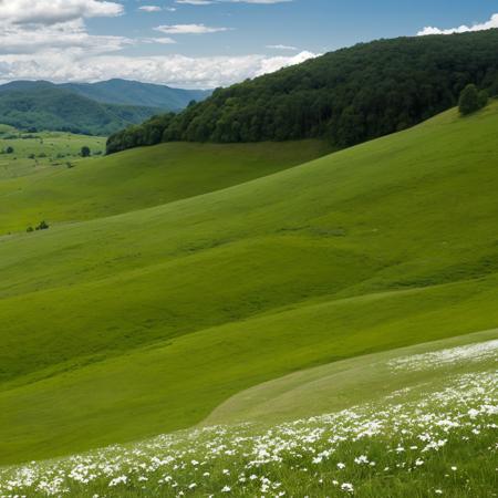 beautiful landscape scene. It showcases a vibrant, lush green hill under a bright blue sky dotted with fluffy white clouds. The hill appears well-maintained and the grass on it is uniformly green, indicating it might be well-nourished and healthy. The clear blue sky above creates a calming atmosphere, and the scattered white clouds add to the scenic beauty of the landscape. There are no visible man-made structures or people in this image; itâs purely natural scenery. The overall mood of the image is peaceful and refreshing. It's a truly serene and picturesque view. ð