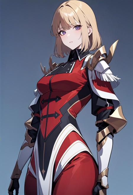 cha hae-in, blonde hair red armor, black collar, shoulder armor, long sleeves, gauntlets, white pelvic curtain, red leggings