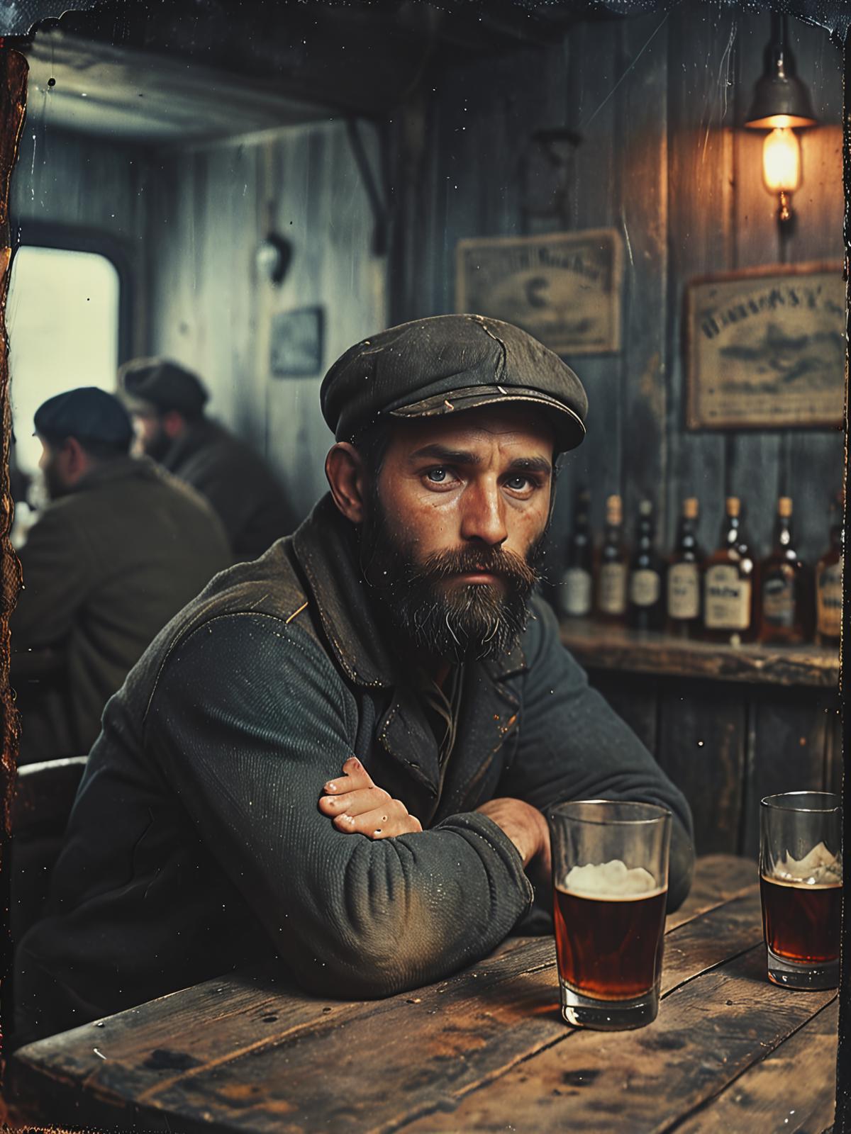 Man in a Hat Sitting at a Bar with Glasses of Beer