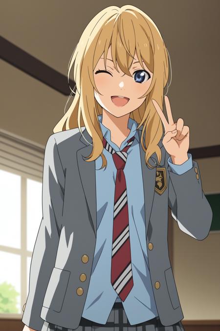 miyazono kaori, blonde hair, long hair, hair between eyes, blue eyes, school uniform, long sleeves, blazer, grey jacket, blue shirt, collared shirt, red necktie, striped necktie, untucked shirt, grey skirt, plaid skirt, pleated skirt, black kneehighs, loafers