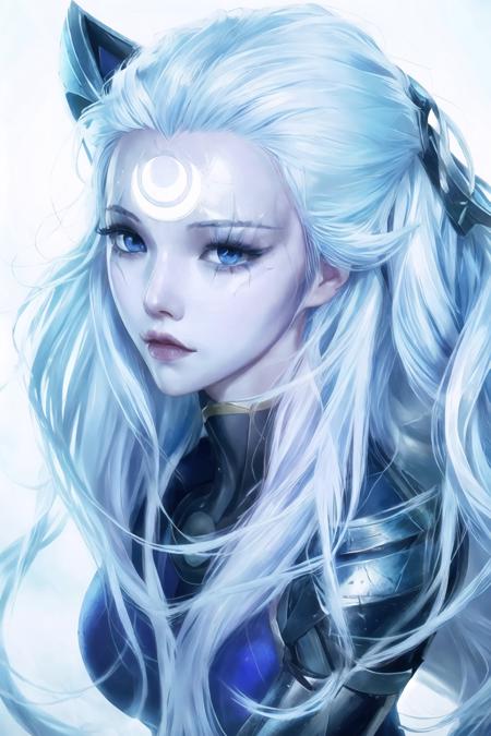 diana, diana (league of legends), solo, facial mark, blue eyes, forehead mark, armor, lips, crescent, looking at viewer, 1girl, white hair,  <lora:koreanDollLikeness_v15:0.66>, full body,