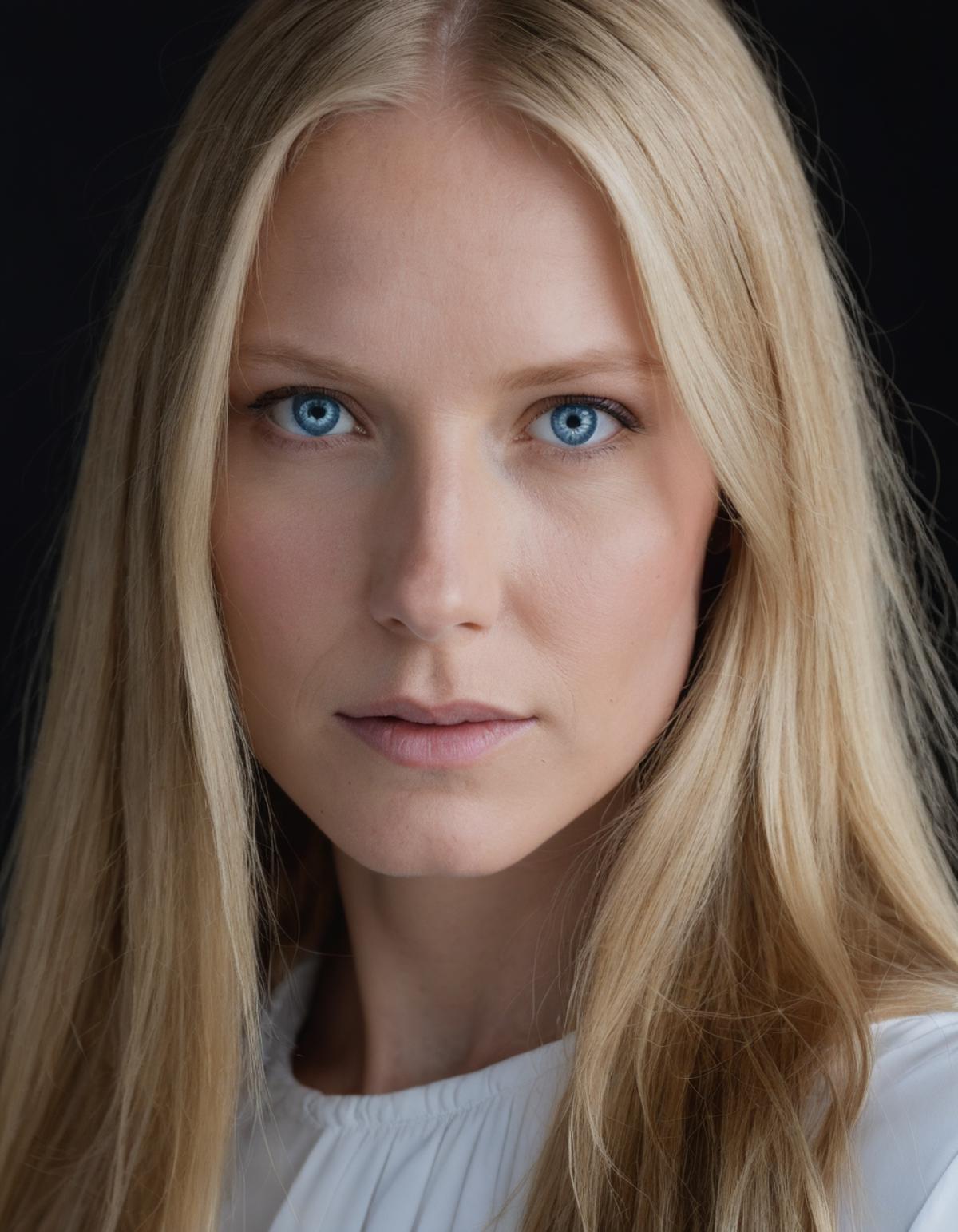 A close-up of a beautiful blonde woman with blue eyes and white shirt.