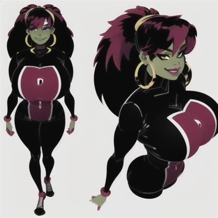 <lora:PandaD:0.6>, 1girl, PandaD, huge breasts, hoop earrings, green eyes, detailed face, 4k, flat colors, looking at viewer, lips, dark skin, red hair, teen, full body, from above, smile,