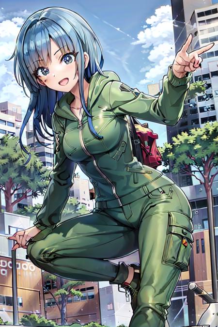 1girl, solo, Forest: blue hair, hiking boots, cargo pants, hoodie, dynamic pose, outdoors, <lora:Ootomo_takuji:0.8>