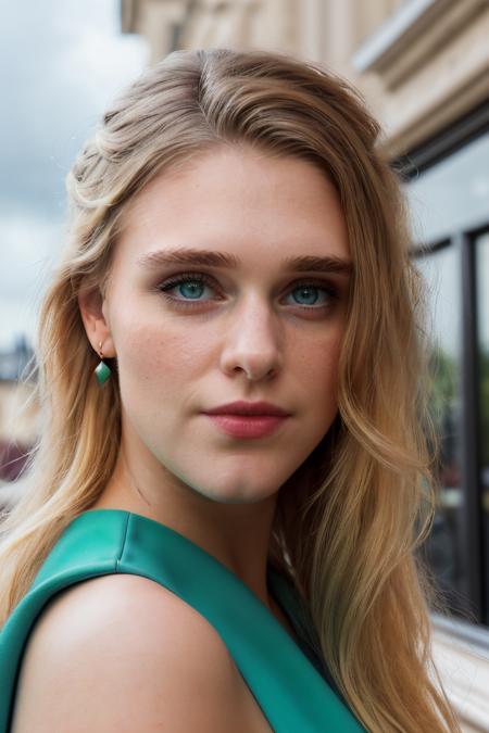 Professional photograph of GW Woman, close up, portrait, she has long blonde hair combed to the sides, she's standing on the balcony of her apartment in London, smiling at the viewer, wearing earrings, red lipstick and eyeliner, it's a toothy smile, light green eyes with beautiful iris. She's wearing a (black sundress). (landscape view of London city in the background), cloudy sky, ray-tracing, sunrays, photorealistic, 4k, 8k, masterpiece, by bokeh, absurdres, highest quality <lora:GaiaWeiss-1599-byMal:1>