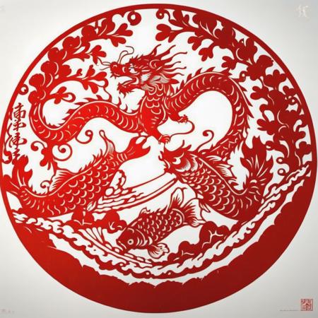 The image depicts a traditional Chinese paper-cut art piece, primarily in red and white. It portrays the dynamic and mythological scene of 'Fish Leaping Over the Dragon Gate.' The fish, crafted with fluid and curvilinear lines, exudes a sense of motion and determination, symbolizing perseverance and transformation. The dragon gate, intricately designed with swirls and traditional motifs, stands imposingly in the background, creating a powerful visual contrast. The artwork's red elements pop vibrantly against the white background, imbuing the scene with energy and auspiciousness, a hallmark of Chinese folklore and artistry, <lora:cn_paper_cut:0.75>