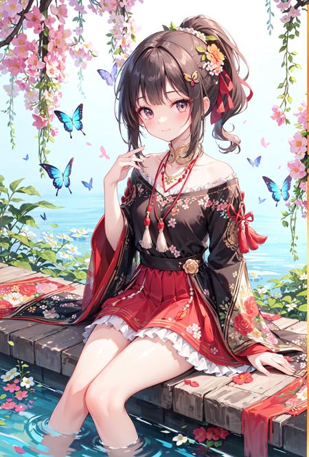 (masterpiece,best quality,absurdres:1.1),
1girl,beautiful detailed girl,fine and beautiful detailed skin,(tassel hair ornament:1.3),solo,blunt bangs,blunt tresses,ponytail,hair bow,hair ribbon,red ribbon,long hair,smile,legs up,sitting in tree,flower necklace,vines,frilled skirt,;3,
(extremely detailed beautiful background:1.1),(floral background:1.3),flower,bloom,The tree is in full bloom with flowers,glowing butterfly,butterfly,Flowers all over the ground,(Flowers blooming all over the branches,:1.1),
ray tracing,reflection light,water drop,(beautiful detailed eyeliner),(beautiful detailed skin),(smooth skin),(shiny skin:0.8),(shiny:0.8),wide shot,depth of field,rainbow,