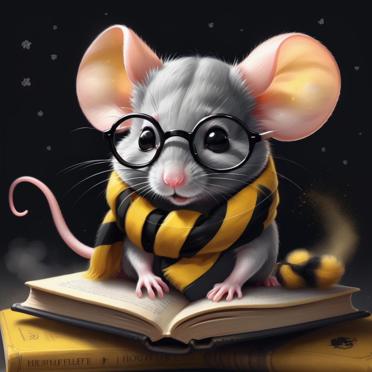 A Glasses-Wearing Mouse Posing with a Book and a Yellow and Black Scarf