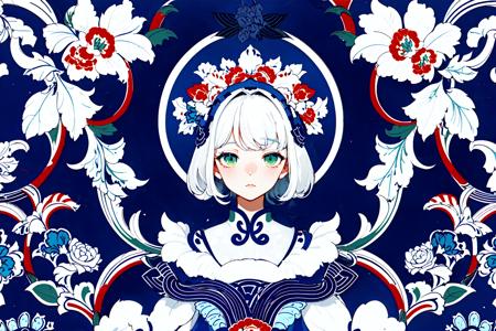 (masterpiece), (high detail),(ultra-detailed), featuring flowers and circles, blue background, multiple scattered and arranged flowers, blue and red and yellow and green color scheme, traditional chinese pattern, with square symmetrical composition,(1girl,white hair), <lora:conewloha04_old2:0.5:ALL>