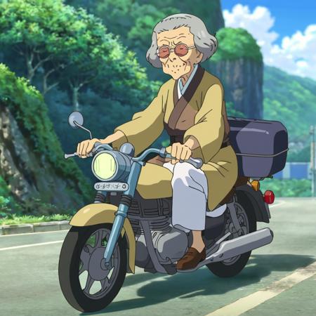 anime screencap in mnst artstyle of an old woman on a motorcycle, hd, 4k, high-quality