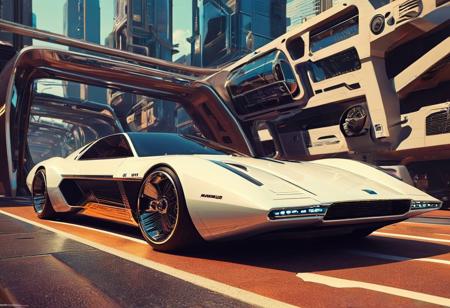 ((70's retrofutursim with Syd Mead art style)), psychedelic world 70's collide with a futuristic vision. a fusion of Vasarely art, Bertone concept vehicles, and sleek architecture, iconic art style of Syd Mead.  blend of retro aesthetics and futuristic utopia, monocoque monorail, a unique realm that is both nostalgic and visionary, futuristic flying car, Blade Runner spinner