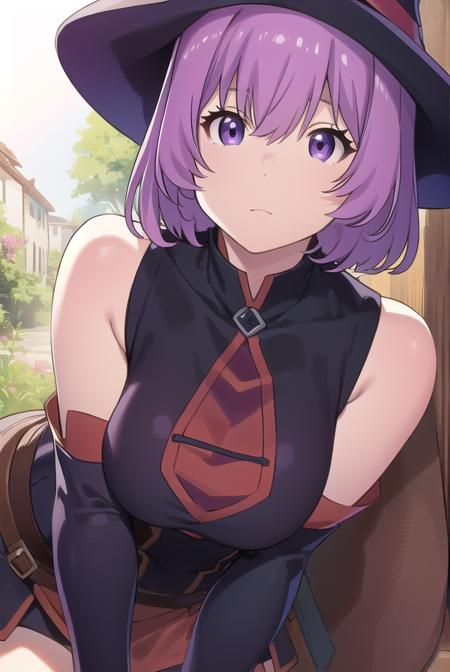 shihoru, short hair, purple hair, (purple eyes:1.1), skirt, thighhighs, gloves, hat, bare shoulders, purple hair, detached sleeves, witch hat,