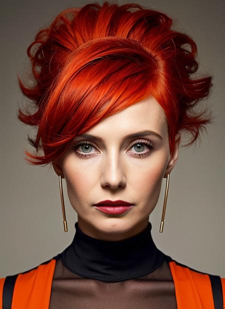 portrait of sks woman by Flora Borsi, style by Flora Borsi, bold, bright colours, orange Mohawk haircut, ((Flora Borsi)), <lora:locon_caricevanhouten_v1_from_v1_64_32:1>