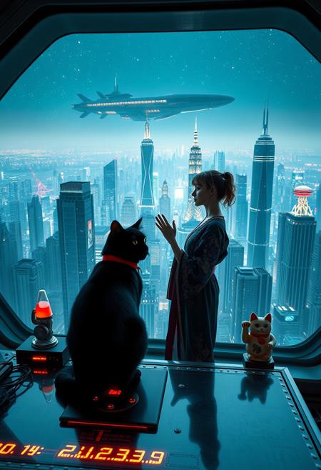 A sleek black cat with red collar sits on a cluttered metal riveted desk with transparent top and rgb led computer components visible inside, On the desk are a maneki neko statue and a lava lamp, the Black Cat is looking out of a seamless and futuristic floor to ceiling window that looks out at thousands of enormous wide and tall futuristic skyscrapers from a large window in a descending spaceship, a beautiful woman, 24 years old, is standing next to the cat looking at the viewer holding out her hand in a welcoming gesture, out the window is the enormous city at night, filled with buildings of many shapes and sizes, some over a mile tall))), the woman is dressed in an ornate Japanese style bath robe. An enormous deco starship with futuristic lighting and design is visible high above the city, and a space station is visible in the background among the stars, The woman's hair is messy from just waking up and tied up with a ribbon. Artistic cyberpunk, dynamic perspective, (((overall architectural aesthetic is Art Deco Cyberpunk))).  (((A large futuristic building shaped like a torii gate stands among the enormous tokyo structures,)))