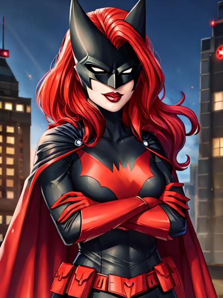 batwoman, superhero, bat print, 1girl, red hair, lipstick, mask, makeup, long hair, red lips, red gloves, black bodysuit, red lips, belt, cape, pointed arm accessory, holding microphone, forest background