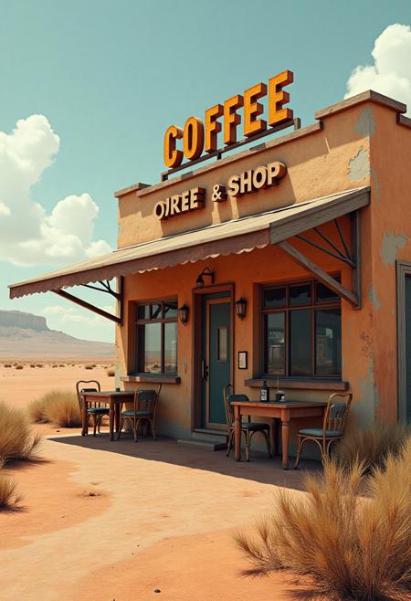 An outside view of a futuristic abandoned lonely coffee shop, post apocalyptic barren planet, dry and dusty, parched surface, hot windy atmosphere