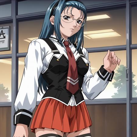 JunkoMochida,1girl,blue hair,hair band,black eyes,eyewear, school uniform,white shirt,strap,vest,red tie, red skirt, thighhighs,
