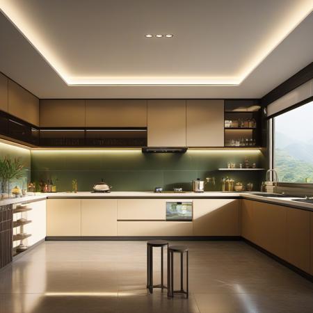 kitchen, Lao chen, no humans, scenery, sink, indoors, stove, tiles, ceiling light, tile wall, bottle, HD,Lao Chen Jingdian,tree, window, table, book,interior design, living room, masterpiece,best quality,unreal engine 5 rendering,movie light,movie lens,movie special effects,detailed details,HDR,UHD,8K,CG wallpaper