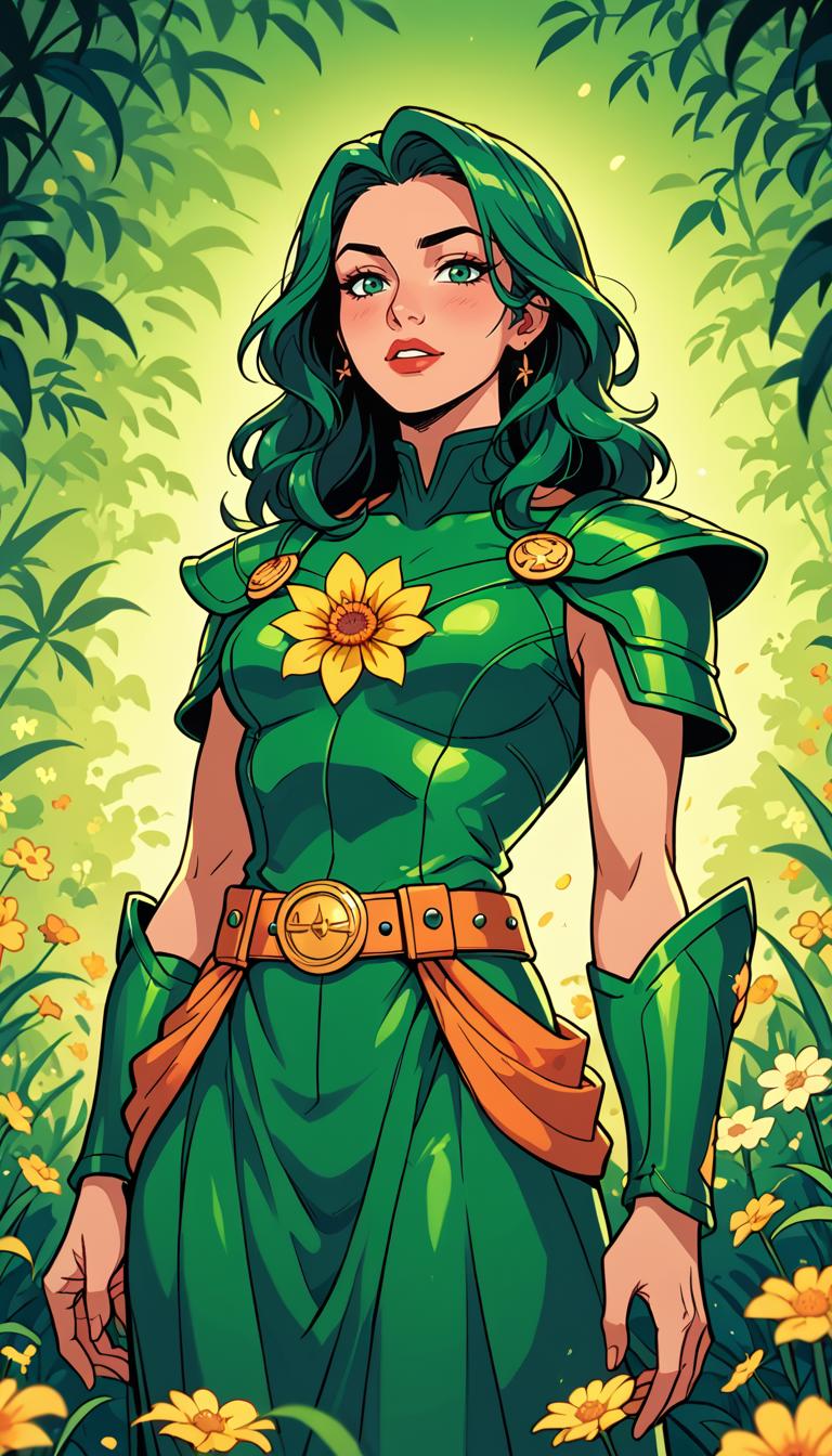 score_9, score_8_up, score_7_up, (Western Comics), girl, cute, seductive, innocent, floewr belt, flower dress, colorful, flower armor, green theme, (cinematic, teal and orange:0.85), dim colors, low saturation, (Cowboy shoot photo), (depth of field), (dynamic angle), (ultra detailed, high quality texture), (sharp), (artistic image)