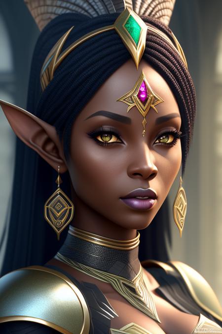 (octane render), (masterpiece), (best quality), (realistic), fantasy, elf, (((african woman))), concept art, smooth, sharp focus, rule of thirds, dark fantasy,intricate details, medium shot