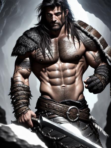 award winning waist up photo of a rugged fantasy barbarian, wearing torn leather jerkin, muscular, scarred and scratched, short black hair, gray eyes, cave ceiling in background, dark, shadow creatures in background, dark, ominous, cave, high contrast, shiny skin, backlighting, bloom, light sparkles, chromatic aberration, sharp focus