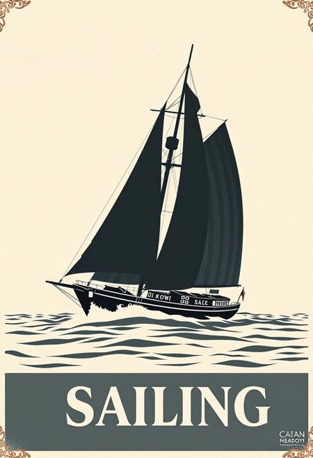 graphical art, sailboat, poster design, text "Sailing", vintage retro style, art deco, travel poster, sailing, monochrome