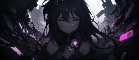 dark-theme sad-theme abstract symbolism upper-body 1girl purple-eyes (detailed-eyes:0.6) purple-theme grey-theme black-hair long-hair masterpiece (cinematic:1.3) simple-background