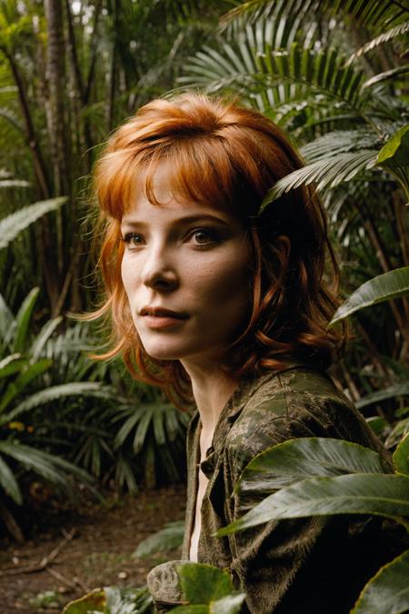 beauty ginger woman in jurassic jungle, jurassic park, heat, (skin texture:1.2), (high detailed skin:1.3), 19th century, ambient smoke, fog, (hyperrealism), cinematic, grain of old film, 8k uhd, dslr, retro color<lora:Mylene_Farmer_v2_640x960:0.85>