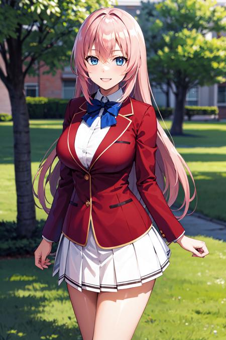 masterpiece, best quality, highres, aahonami, long hair, pink hair, blue eyes, school uniform, blue bowtie, blazer, red jacket, long sleeves, pleated skirt, white skirt, <lora:ichinose_honami_v1:0.7>, standing, cowboy shot, outdoors, smile,