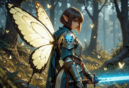 score_9_up, score_8_up, score_7_up, score_6_up. masterpiece, best quality, good quality, very aesthetic, absurdres, semirealism, fantasy, 8K, depth of field, focused subject, cowboy shot, Elf knight, 19yo, androgynous, pointed ears, short brown hair, male haircut, blue eyes, wearing detailed armor, wielding blue glowing sword, he is standing, sword resting against the ground, large white glowing butterfly wings on the knight's back, trees in background, hkvaloria