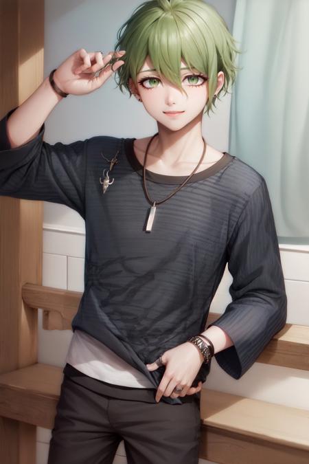 amami rantaro striped shirt long sleeves pants jewelry necklace earrings ring bracelet ear piercing collarbone