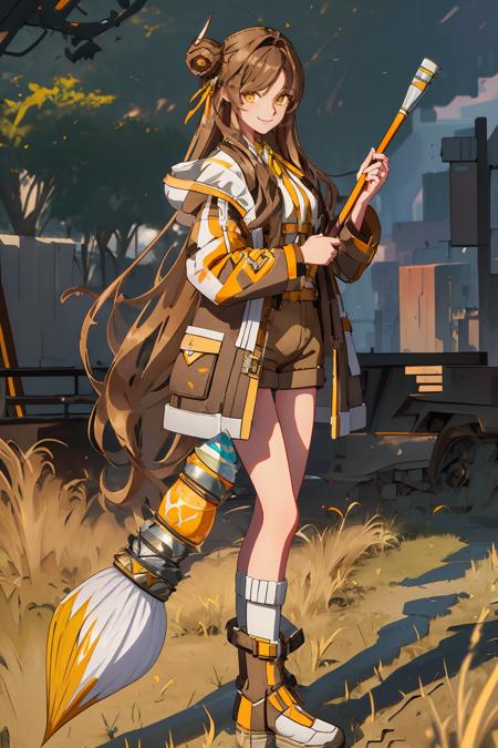 cowboy shot, standing, smiling, looking at viewer, tia,  holding brush, long hair, brown hair, yellow eyes, jacket, shoes, brown shorts, hair ornament, grasslands background, <lora:TiaERLora-02:0.9>, <lyco:GoodHands-beta2:1>,  <lora:beautiful_detailed_eyes:0.8>