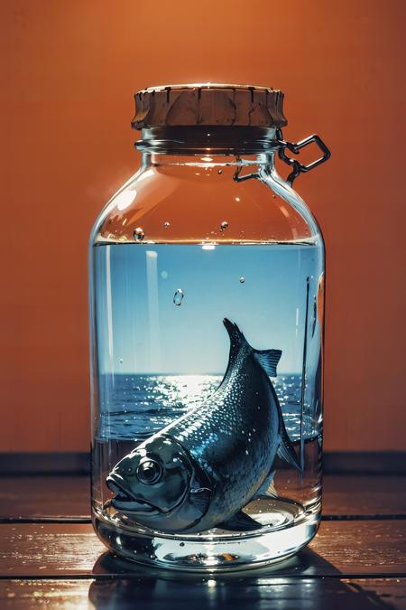 simple_background, orange_background, glass bottle, bottle fillded with water, fish inside bottle, ocean in bottle,