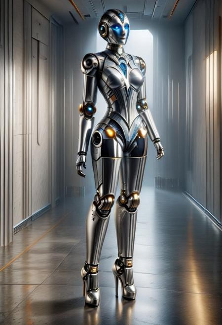 faceless female robot, walking in a wide white futuristic corridor, thigh high heel boots, , silver catsuit, silver skin, luminous blue light from within, art deco cyborg, no hair
cyberbotgilzv1 , TheFaceLess, ais-artdeco